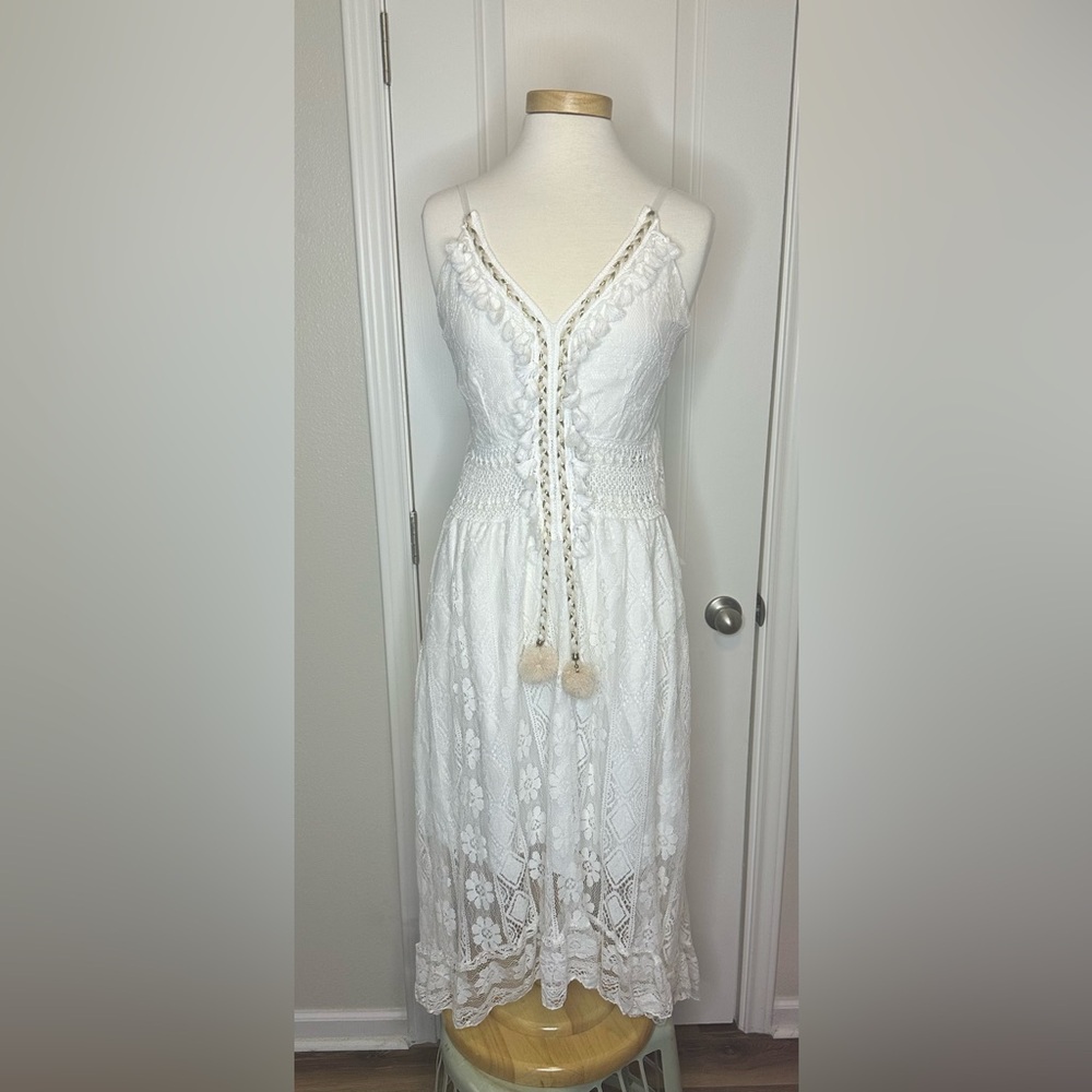 White Lace Dress with Pom Pom Details